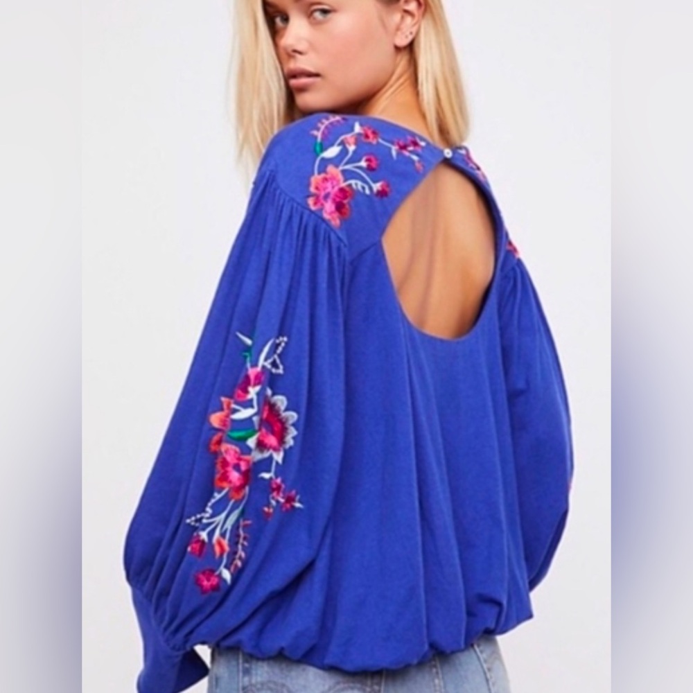 NWOT Free People Blue Lita Keyhole Floral Embroidered Balloon Sleeve Blouse - XS
